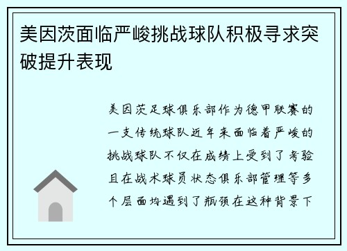 美因茨面临严峻挑战球队积极寻求突破提升表现